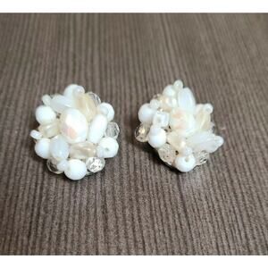 Vintage 50s Clip Earrings Milk Glass White Bead Clusters Made in Western Germany